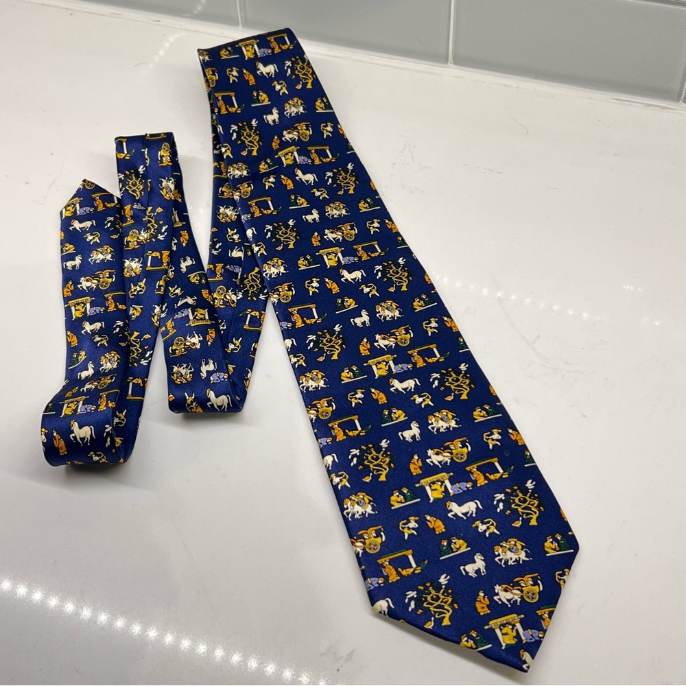 LANBO Dark Blue Cream Gold Green Chinese / Horse Print 100% Silk Neck Tie 57”